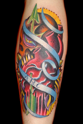 Tattoos - Traditional American tattoos - Heart,skull banner,arrow,sun morph